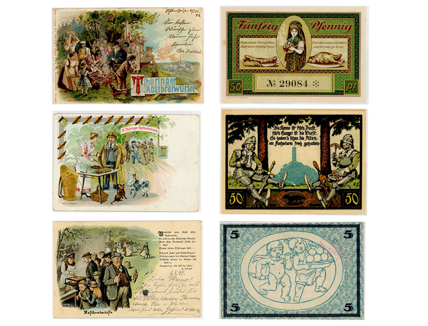 Drei Postkarten von 1899 bis 1916 zeigen auf der linken Seite verschiedene historische Motive der Thüringer Bratwurst. Auf der rechten Seite sind drei Geldersatzscheine aus den Orten Rudolstadt um 1918 und Leutenberg und Jena aus dem Jahr 1921 zu sehen. Sie zeigen ebenfalls Abdrucke Thüringer Wurstspezialität.