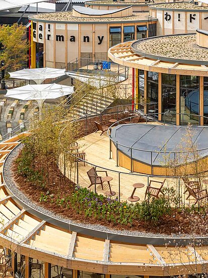 Runder Deutscher Pavillon auf der Expo 2025 in Osaka aus der Vogelperspektive aus Holzständern, mit begrüntem Dach und Bäumen in der Umgebung