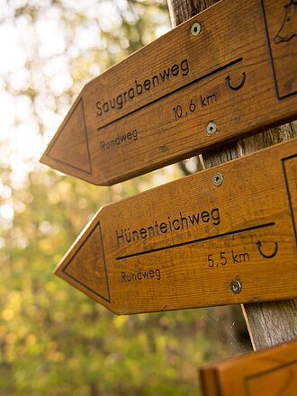 Wanderwegschilder aus hellem Holz mit verschiedenen Tiersymbolen