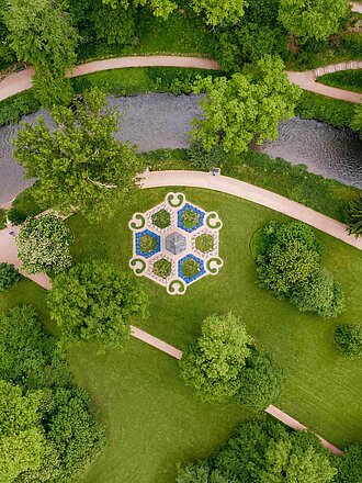 Schlosspark Tiefurt aus der Luft mit Flusslaufbiegung, begleitenden Wegen, Bäumen, Rasenflächen und Blumenrabatte in geometrischer Form