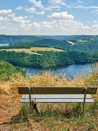 Panoramablick auf die Landschaft um den Stausee mit sommerlichen Wiesen und Feldern