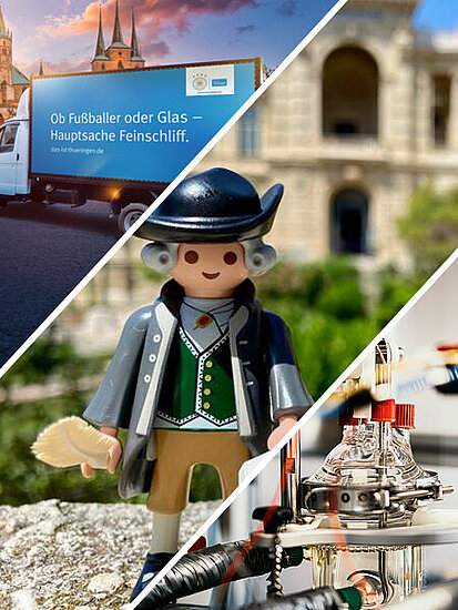 Eine Collage zeigt Höhepunkte Thüringens 2024: einen Transporter zur EURO 2024 vor dem Erfurter Dom, eine Goethe-Playmobilfigur und die technische Herstellung von Linsenoptik