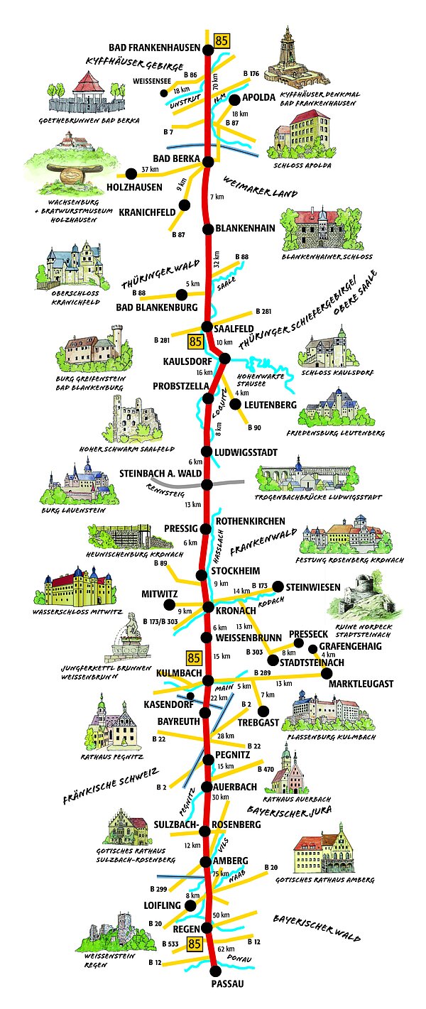 Eine Karte zeigt verschiedene Stationen auf der Bier- und Burgenstraße von Bad Frankenhausen nach Passau