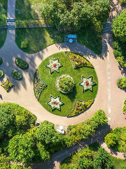 Schlosspark Kochberg mit Blumegarten Luftaufnahme vom Blumengarten des Schlossparks Kochberg mit grünen Baumgruppen, geschwungenen Rasenflächen, Wegen und Beete mit Sternförmiger Bepflanzungen